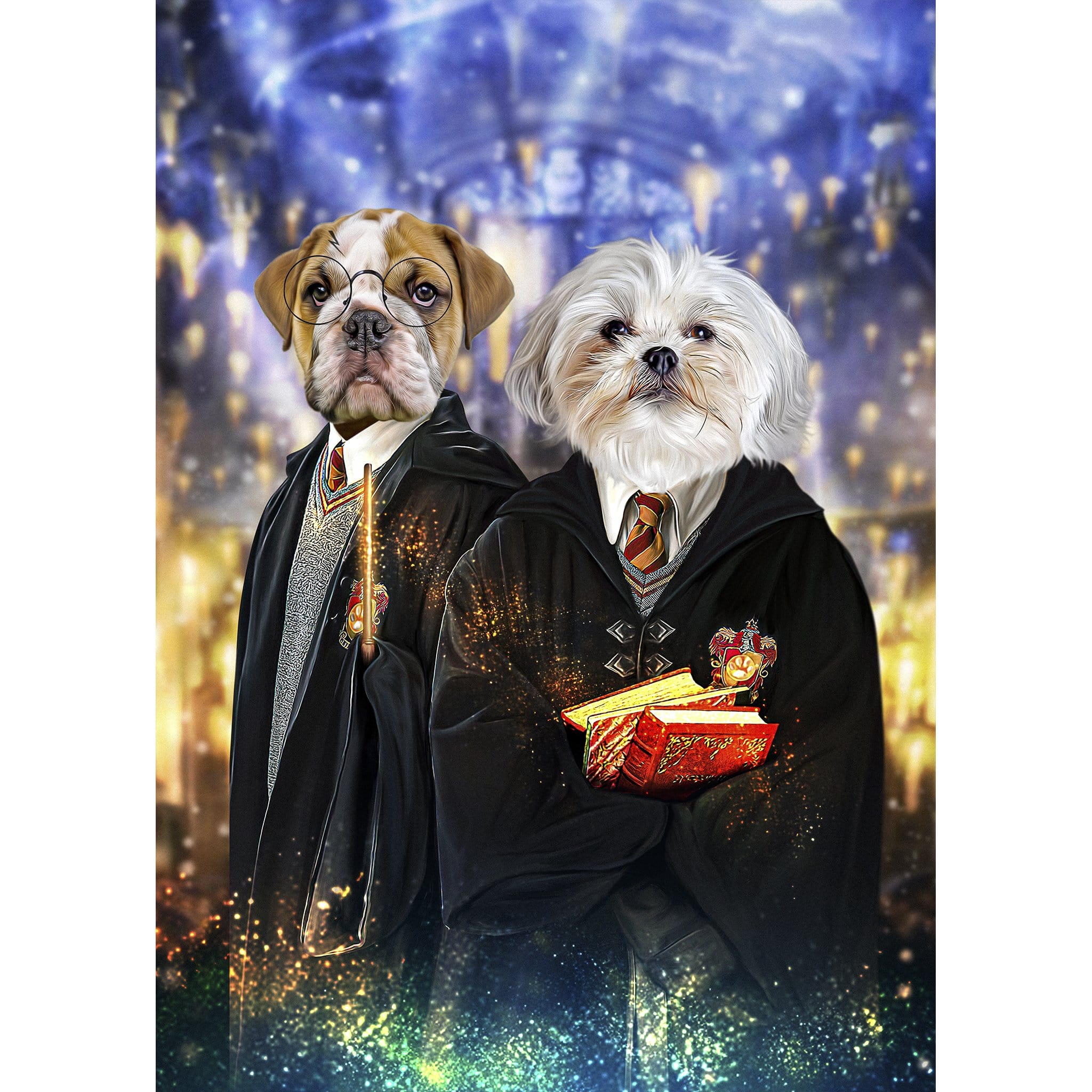 Custom digital portrait of two pets dressed as Harry Potter characters.
