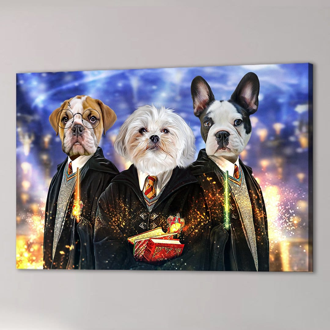 Custom 3-pet canvas featuring a bulldog, Shih Tzu, and Boston Terrier in wizard robes with a magical blue and gold background.