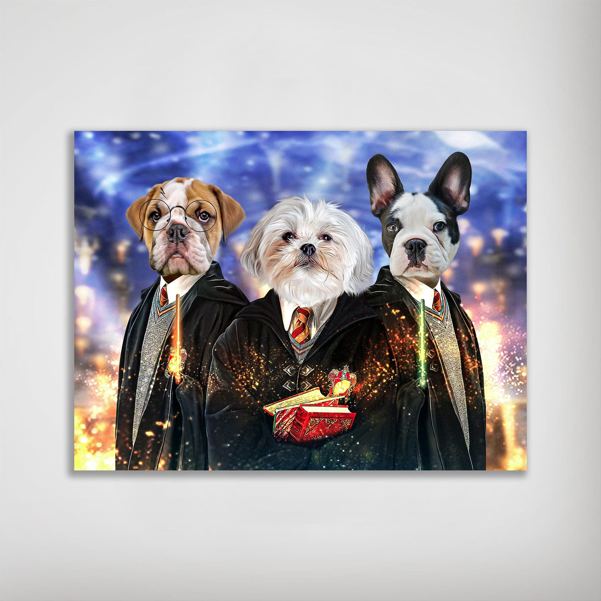 Personalized "Harry Doggers 3" pet poster featuring three dogs in wizard robes against a magical background.