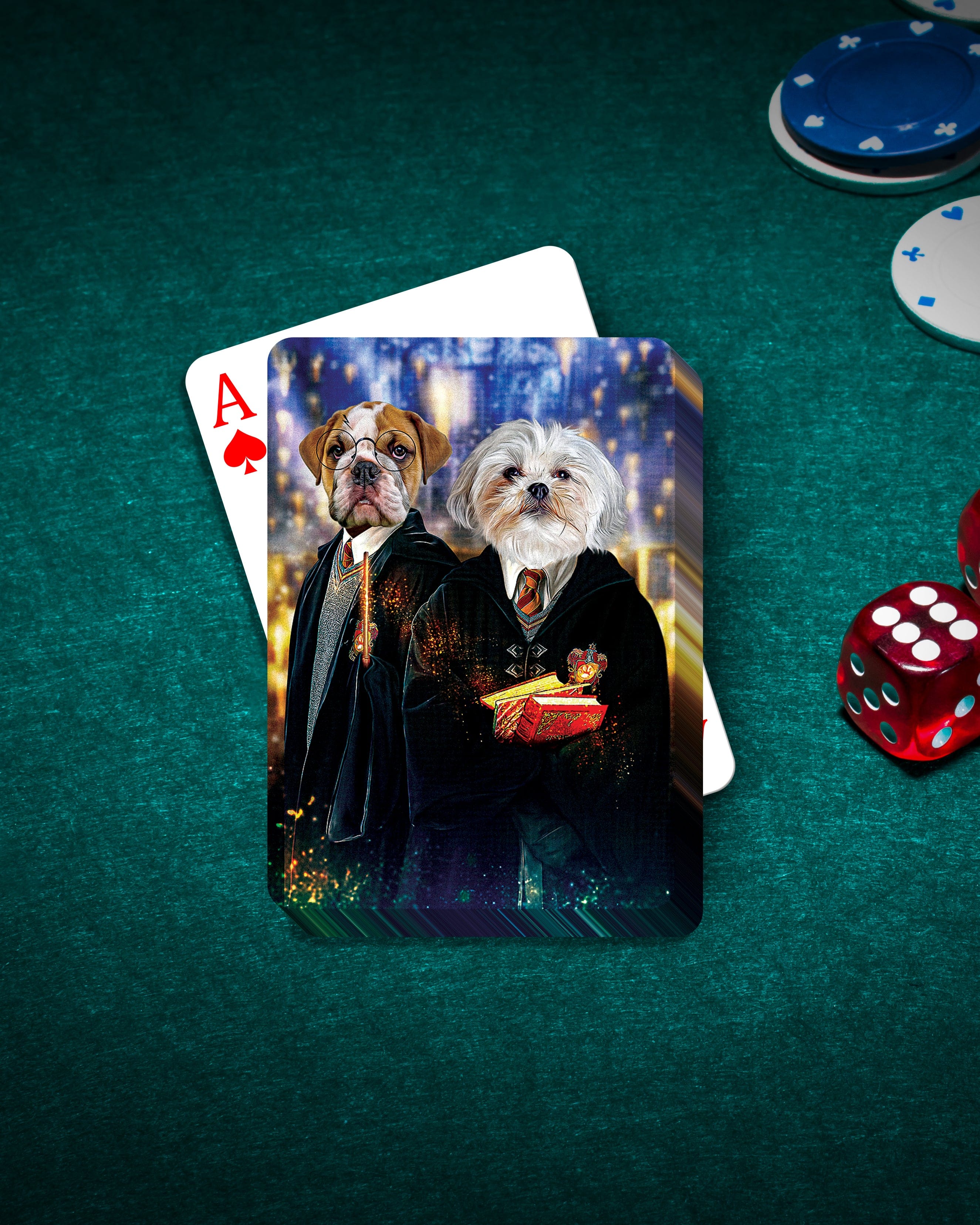 Personalized 'Harry Doggers' playing card featuring two pets as wizards on a green poker table.