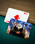 Personalized playing cards featuring three dogs in "Harry Doggers" style, on a green felt table.