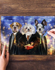 Personalized 3-pet puzzle featuring dogs in wizard robes, with hands assembling pieces.