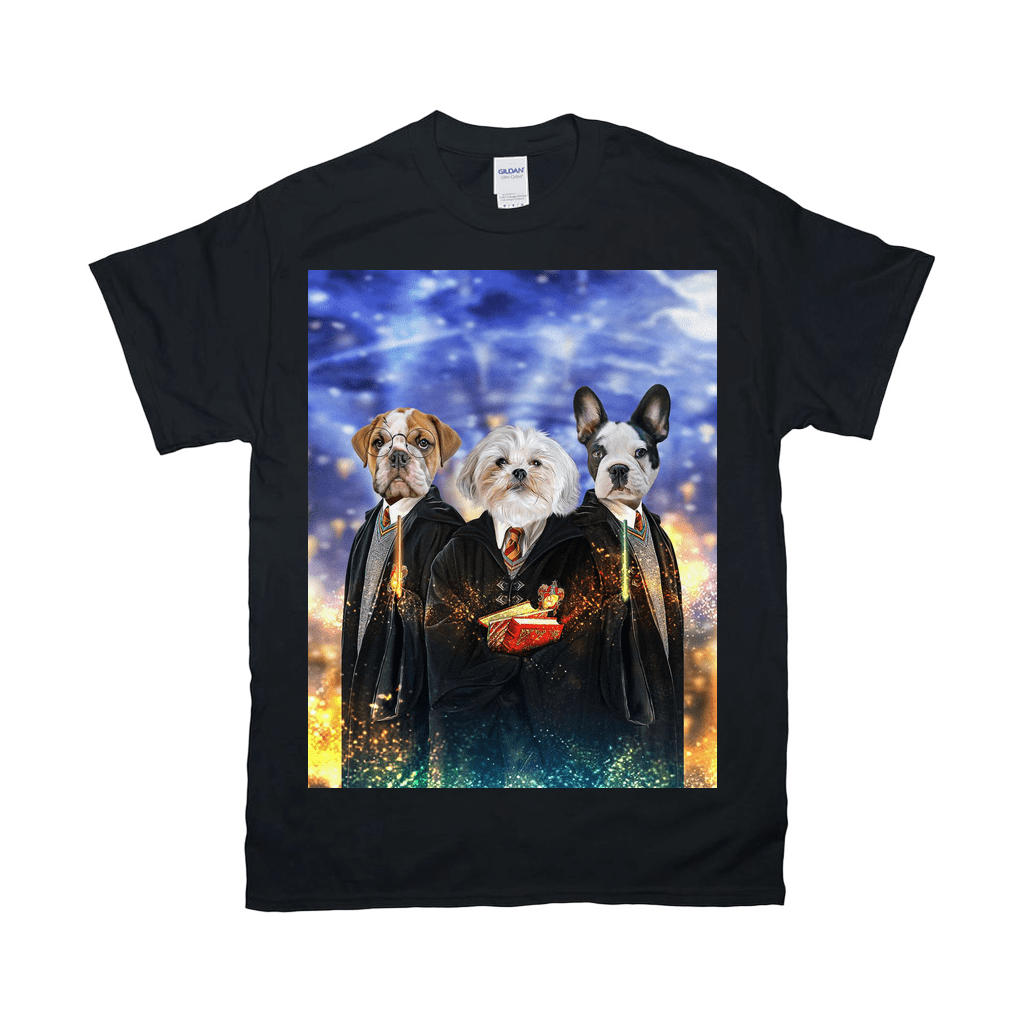 Black Gildan t-shirt with a personalized graphic of three dogs dressed in wizard robes.