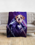 Personalized pet blanket with a bulldog in a Hawkeye-style superhero portrait.