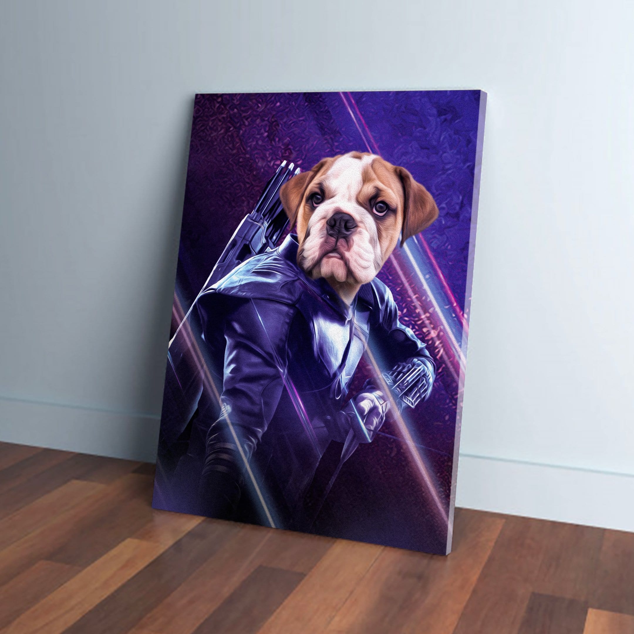 Personalized 'Hawkeye Doggo' canvas featuring a bulldog's head on a superhero body, leaning against a wall.
