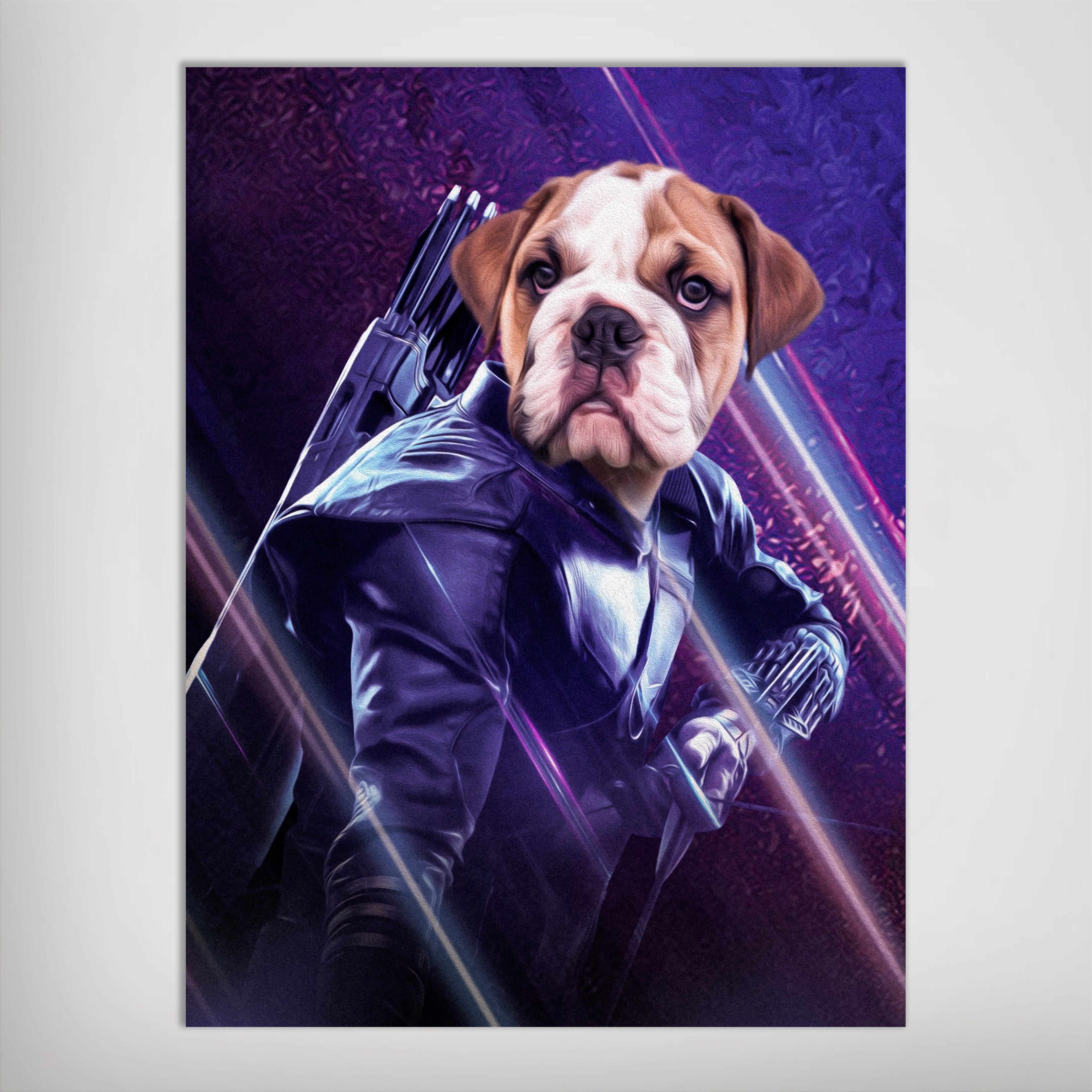 Personalized "Hawkeye Doggo" pet poster featuring a bulldog's head on a superhero body with a bow.