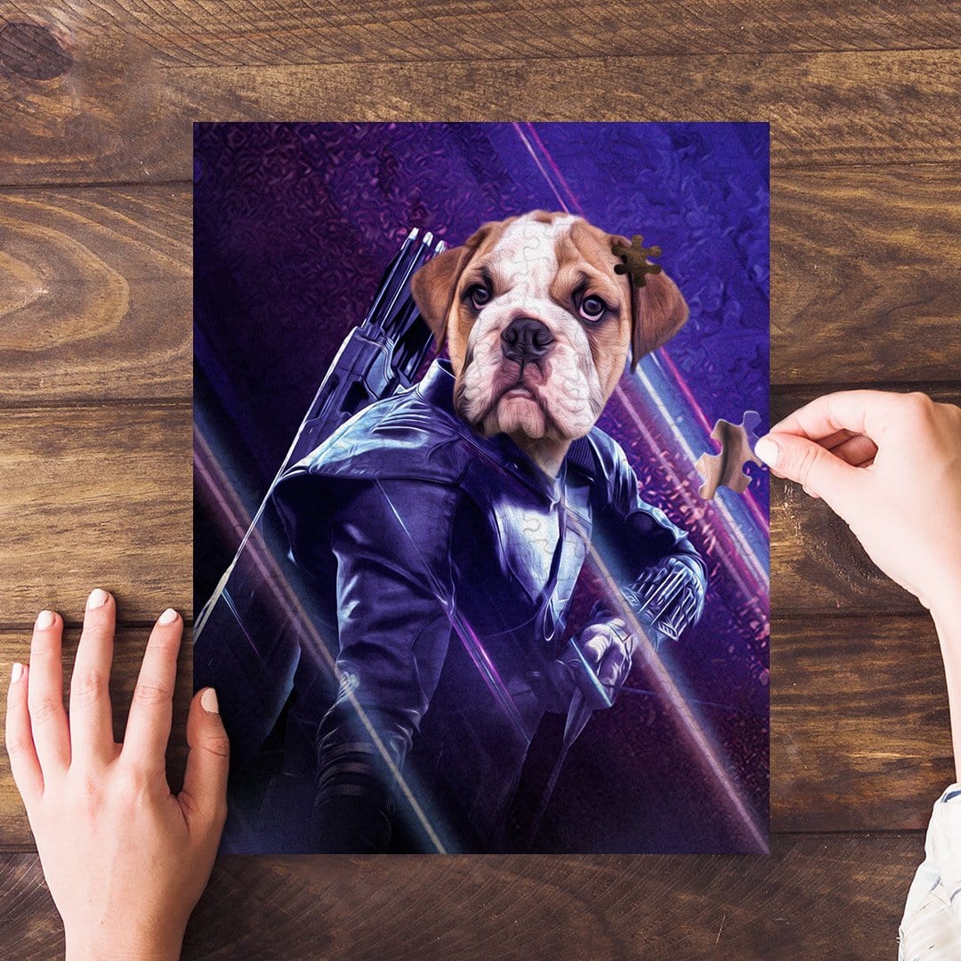 Personalized Hawkeye Doggo pet puzzle featuring a bulldog in a superhero costume.