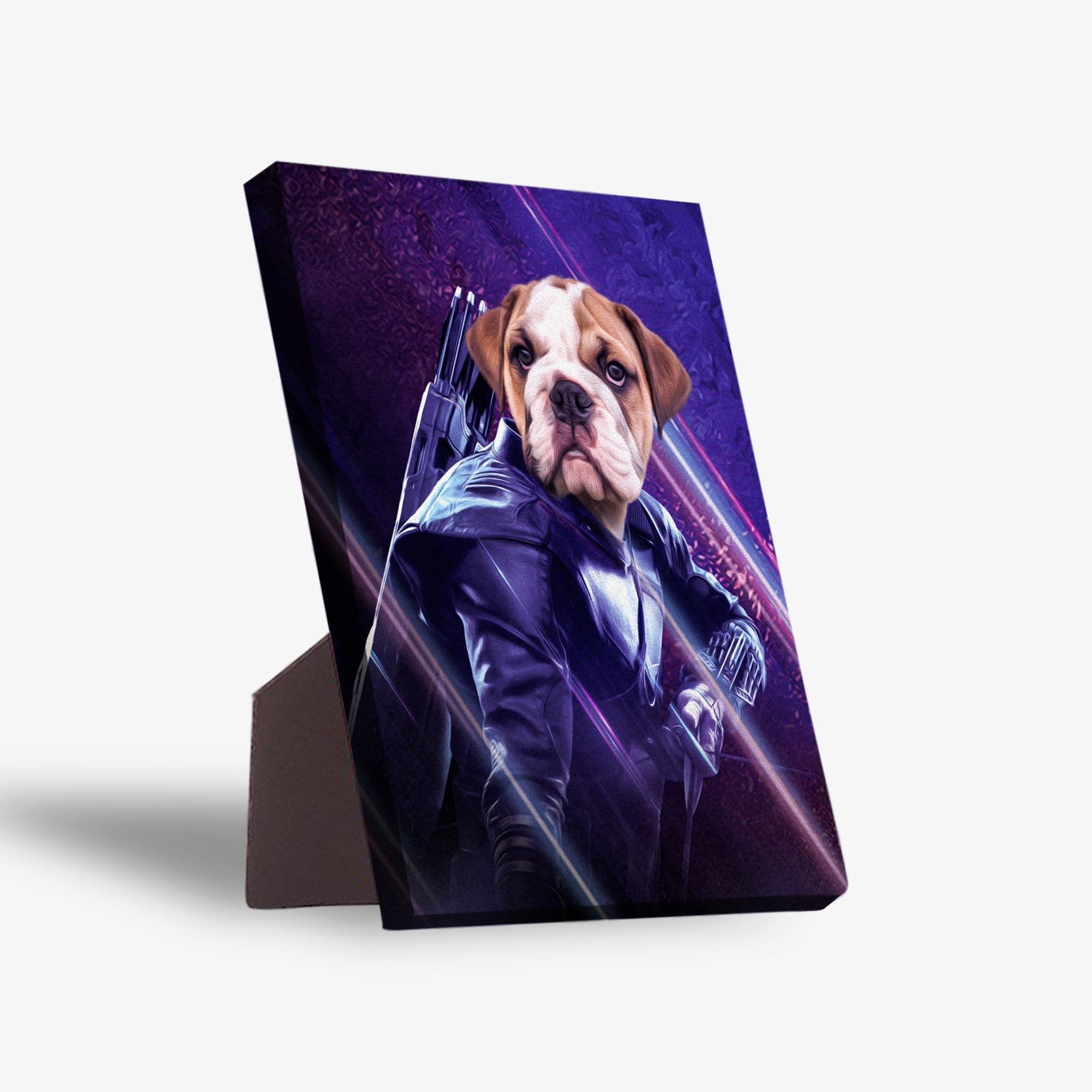 Personalized 'Hawkeye Doggo' standing canvas featuring a bulldog in a superhero costume.