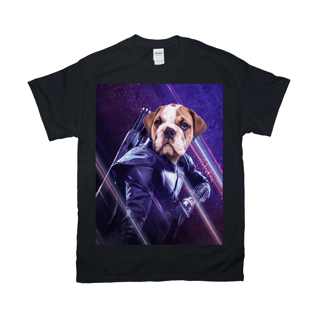 Black Gildan t-shirt with a personalized "Hawkeye Doggo" design featuring a bulldog in a superhero costume.