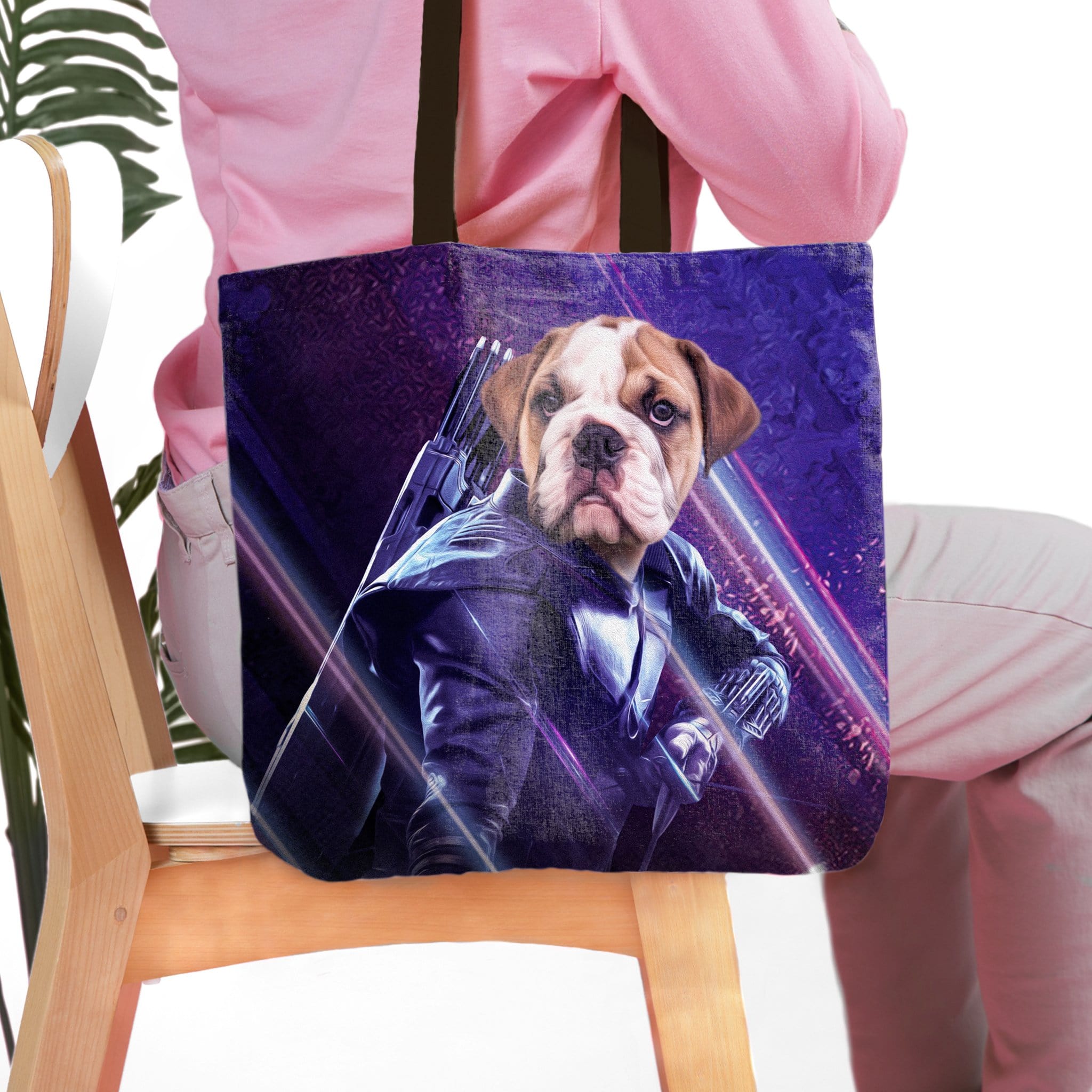 Personalized tote bag with a bulldog pet portrait in a Hawkeye-style costume.