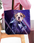 Personalized tote bag with a bulldog pet portrait in a Hawkeye-style costume.