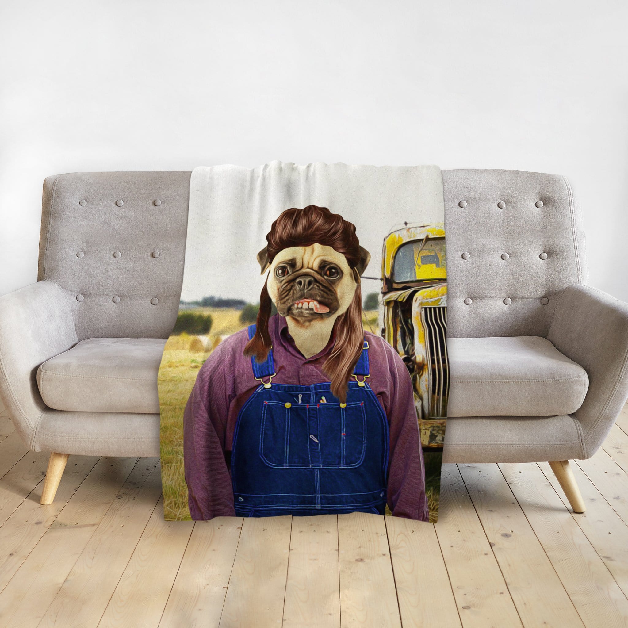 Personalized pet blanket with a pug in a "hillbilly" outfit, standing in a field with an old truck.