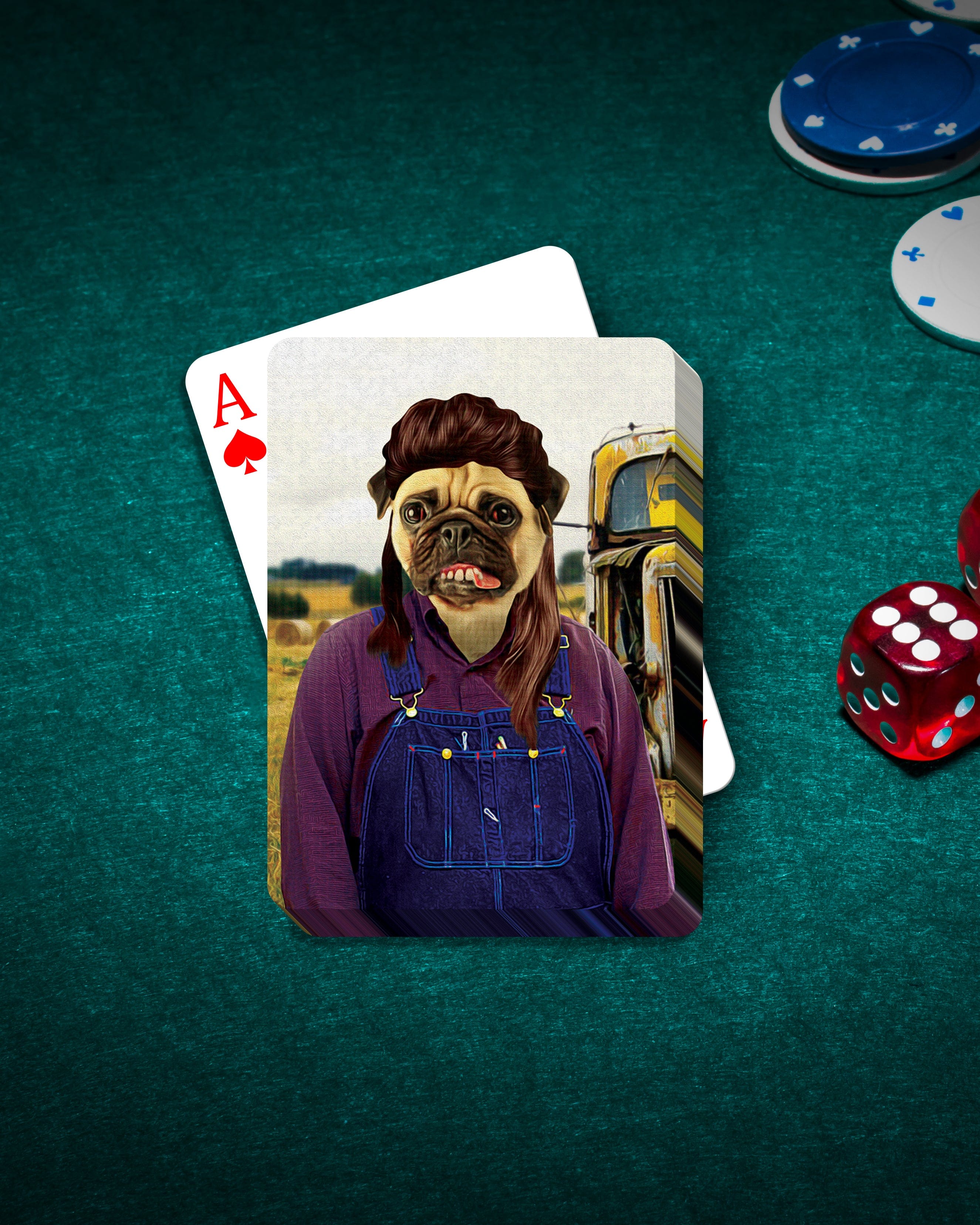 Custom 'Hillbilly' personalized playing card featuring a pug in overalls, on a green felt table with chips and dice.