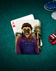 Custom 'Hillbilly' personalized playing card featuring a pug in overalls, on a green felt table with chips and dice.