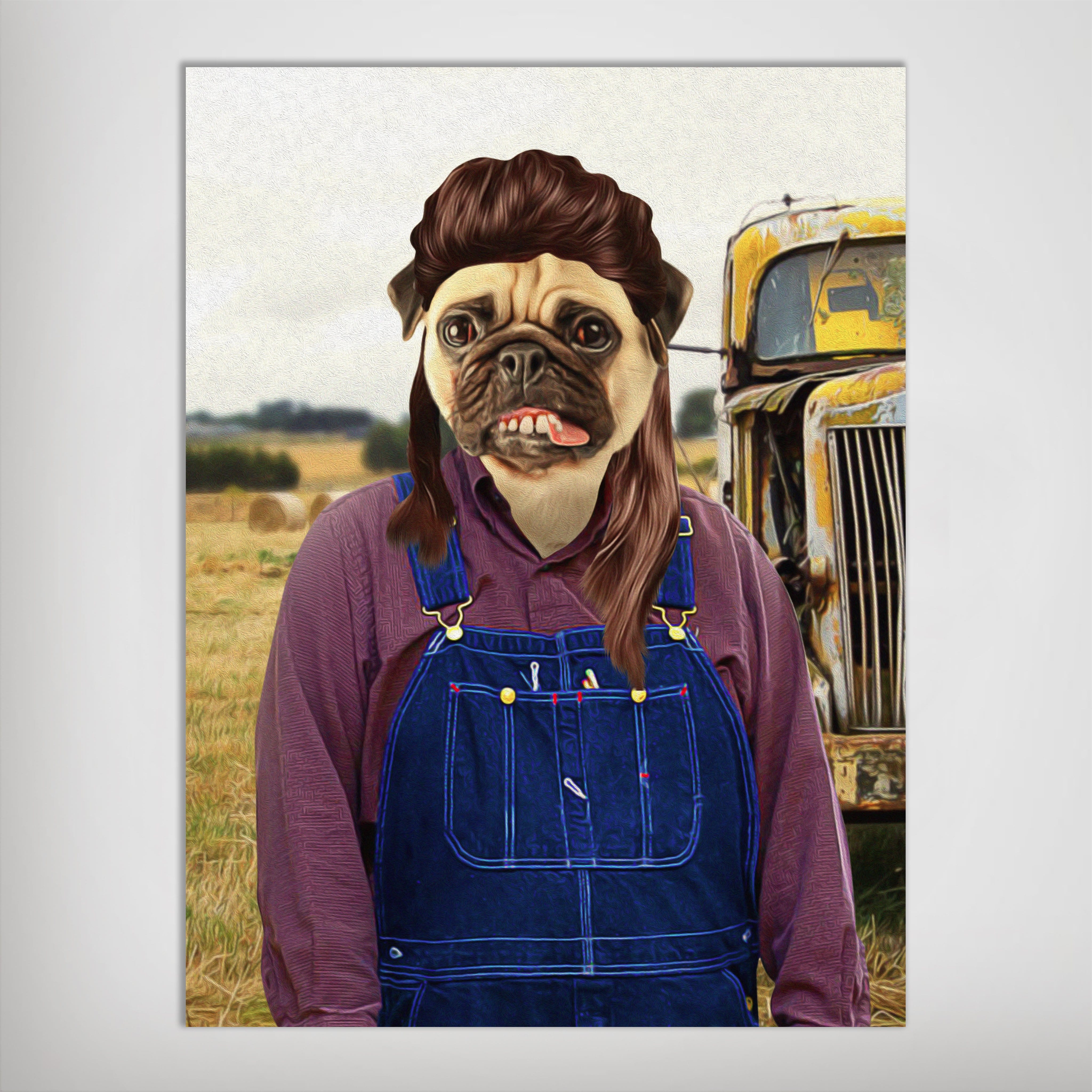 Personalized 'Hillbilly' pet poster featuring a pug with a mullet in denim overalls, standing in a field.