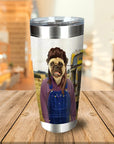Personalized 7" stainless steel tumbler with a custom pug pet portrait in a "hillbilly" style, wearing overalls.
