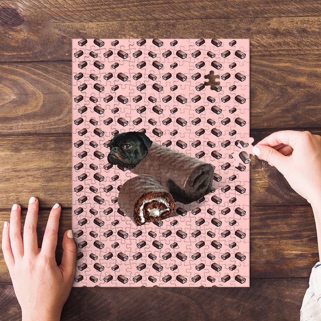 Personalized 'Ho Ho Doggo' pet puzzle featuring a pug as a chocolate Swiss roll on a pink background.
