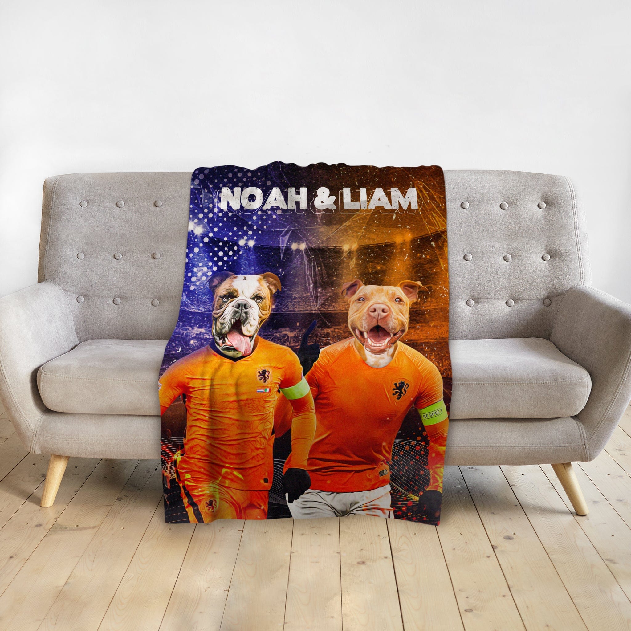 Custom personalized blanket with two dogs in orange soccer uniforms, "Noah & Liam" text.