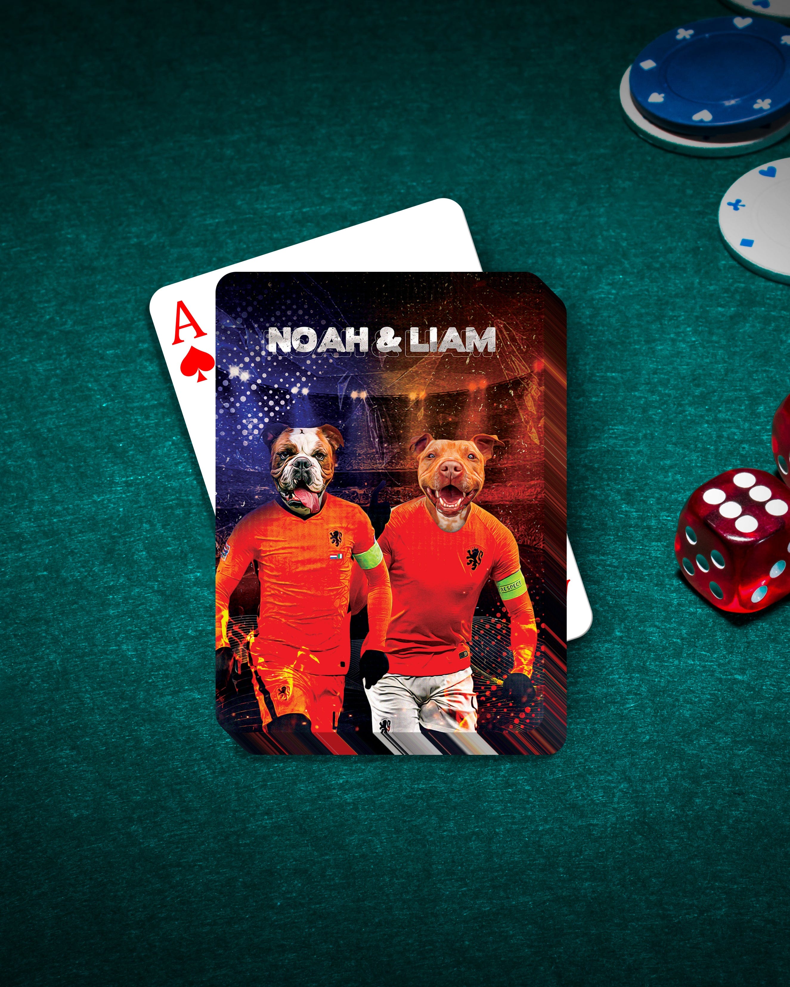 Personalized playing card with two custom pet portraits in orange soccer jerseys, on a green poker table.
