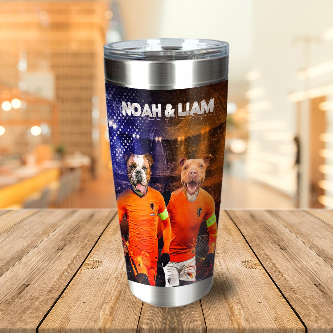 Personalized stainless steel tumbler with two dogs in custom soccer uniforms, "Noah & Liam" text.