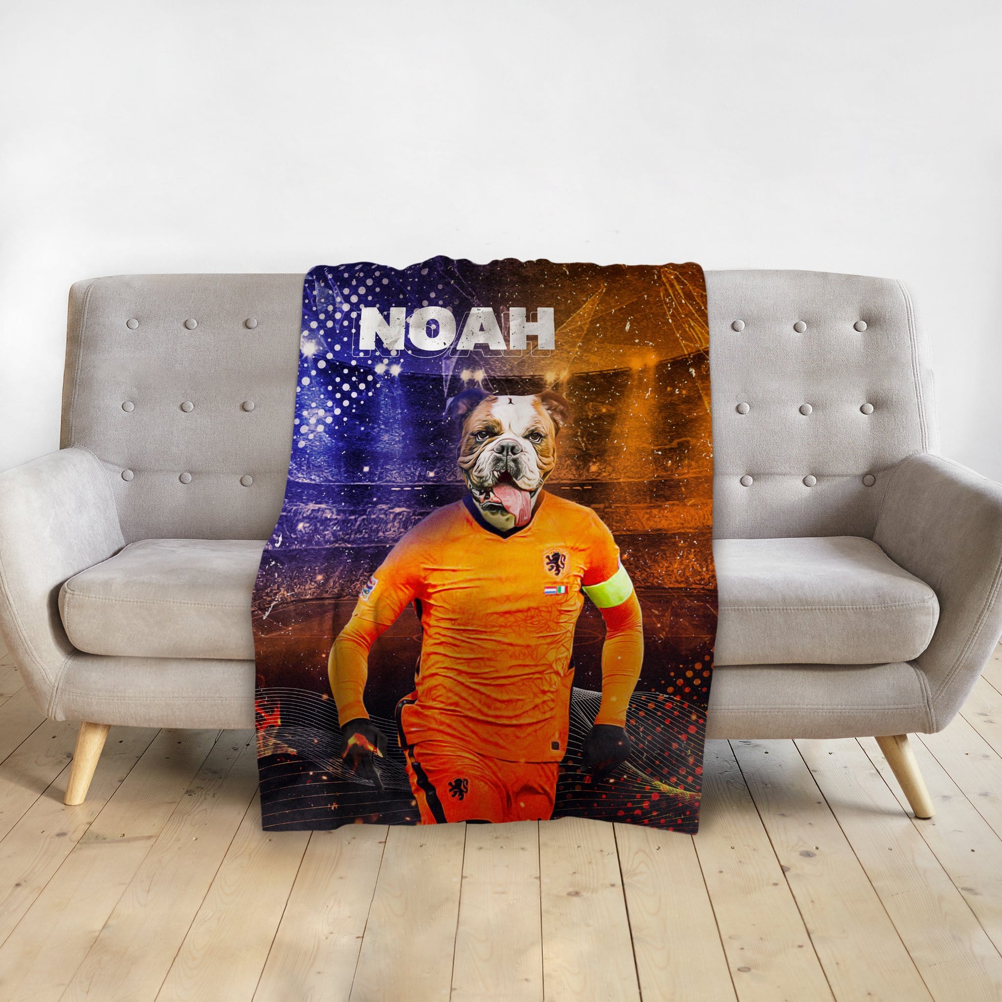 Custom pet blanket with a bulldog's head on a soccer player's body, personalized with "NOAH".