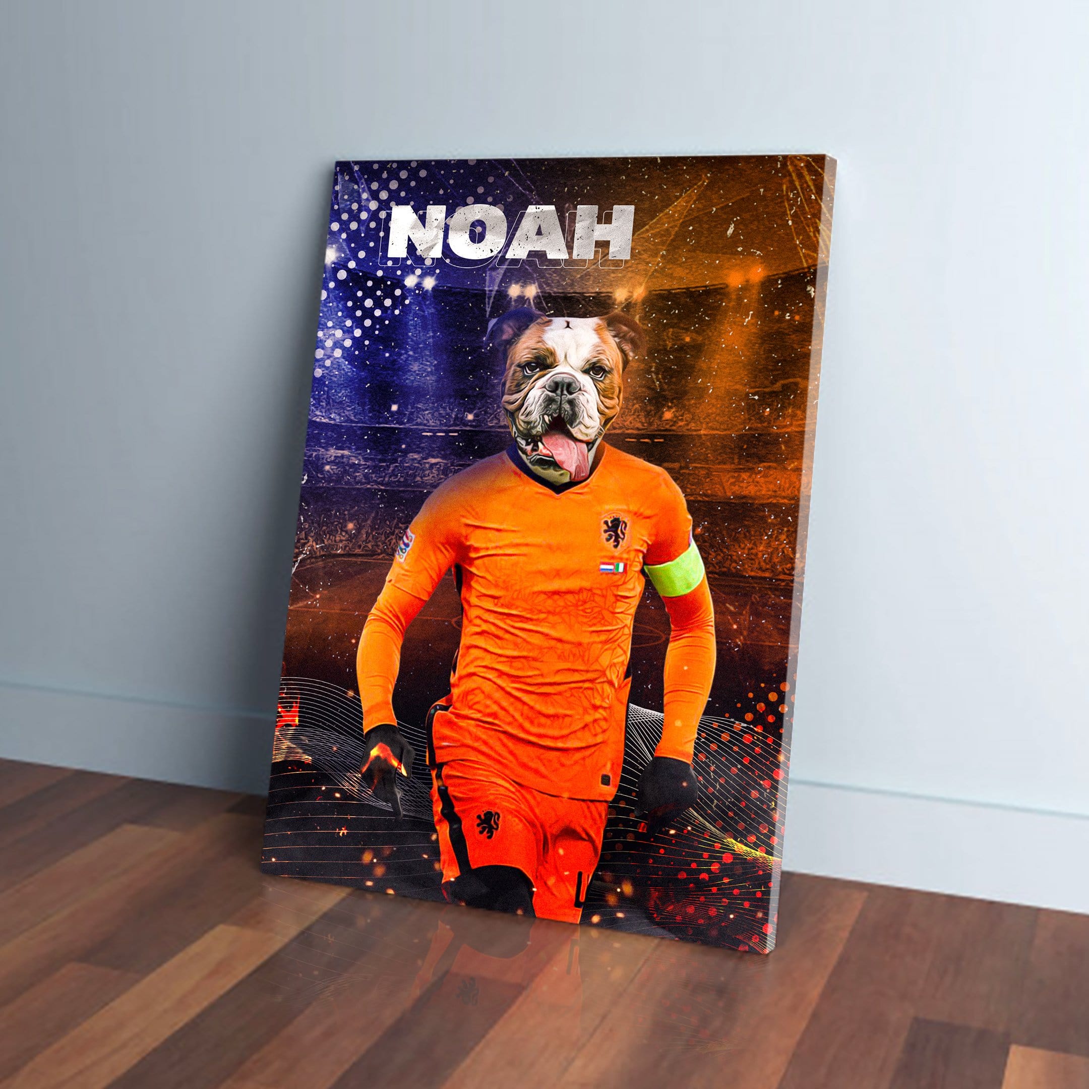 Personalized pet canvas featuring a bulldog in an orange Holland soccer uniform with "NOAH" above.