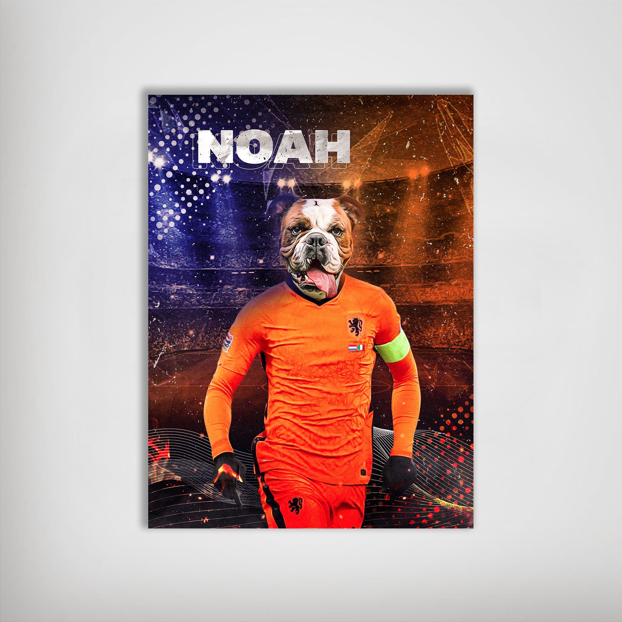 Personalized bulldog pet poster in an orange Holland soccer jersey with "NOAH" at the top.