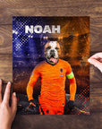Personalized pet puzzle featuring a bulldog in a Holland soccer uniform, with "NOAH" above.