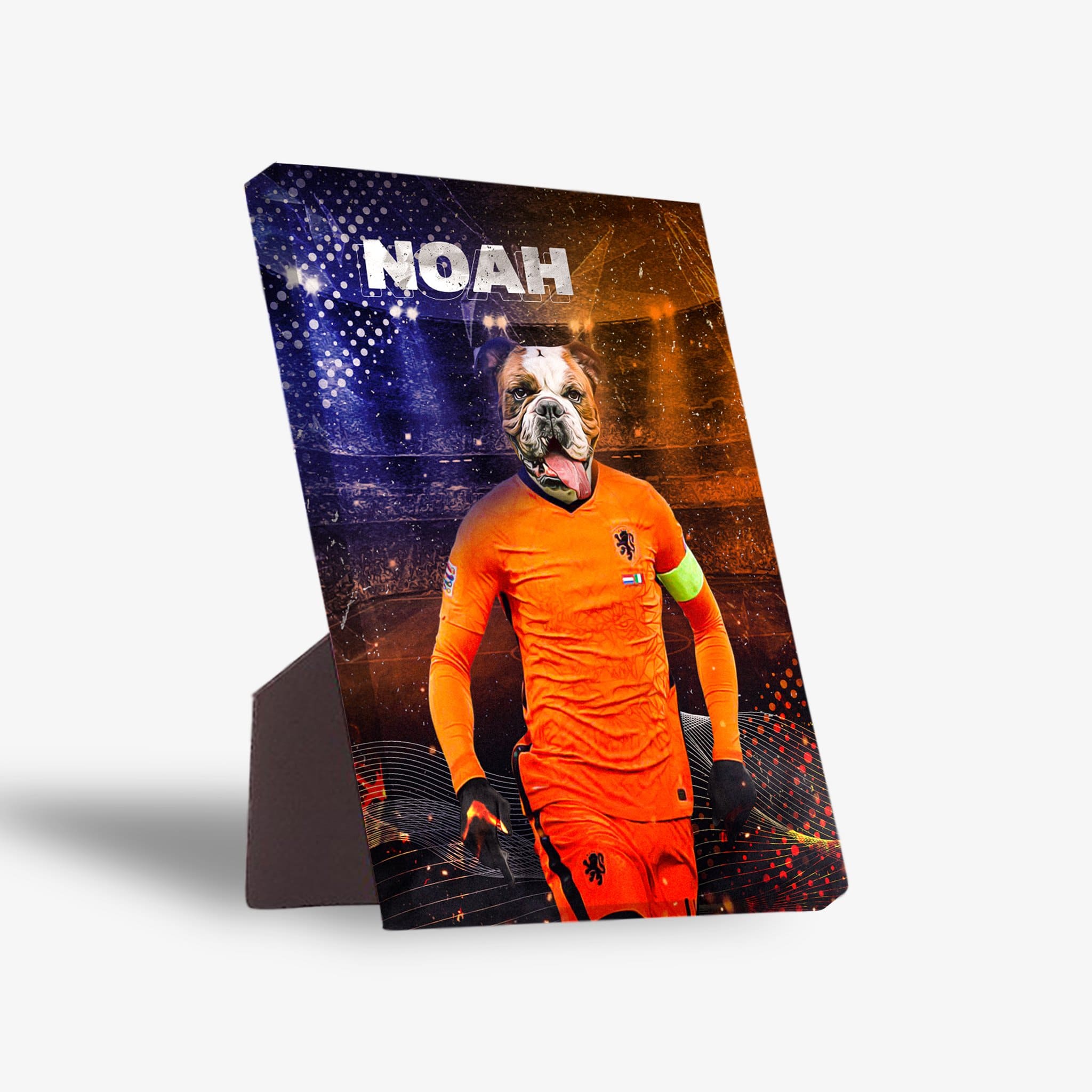 Personalized pet standing canvas featuring a bulldog in an orange soccer jersey with "NOAH" above.