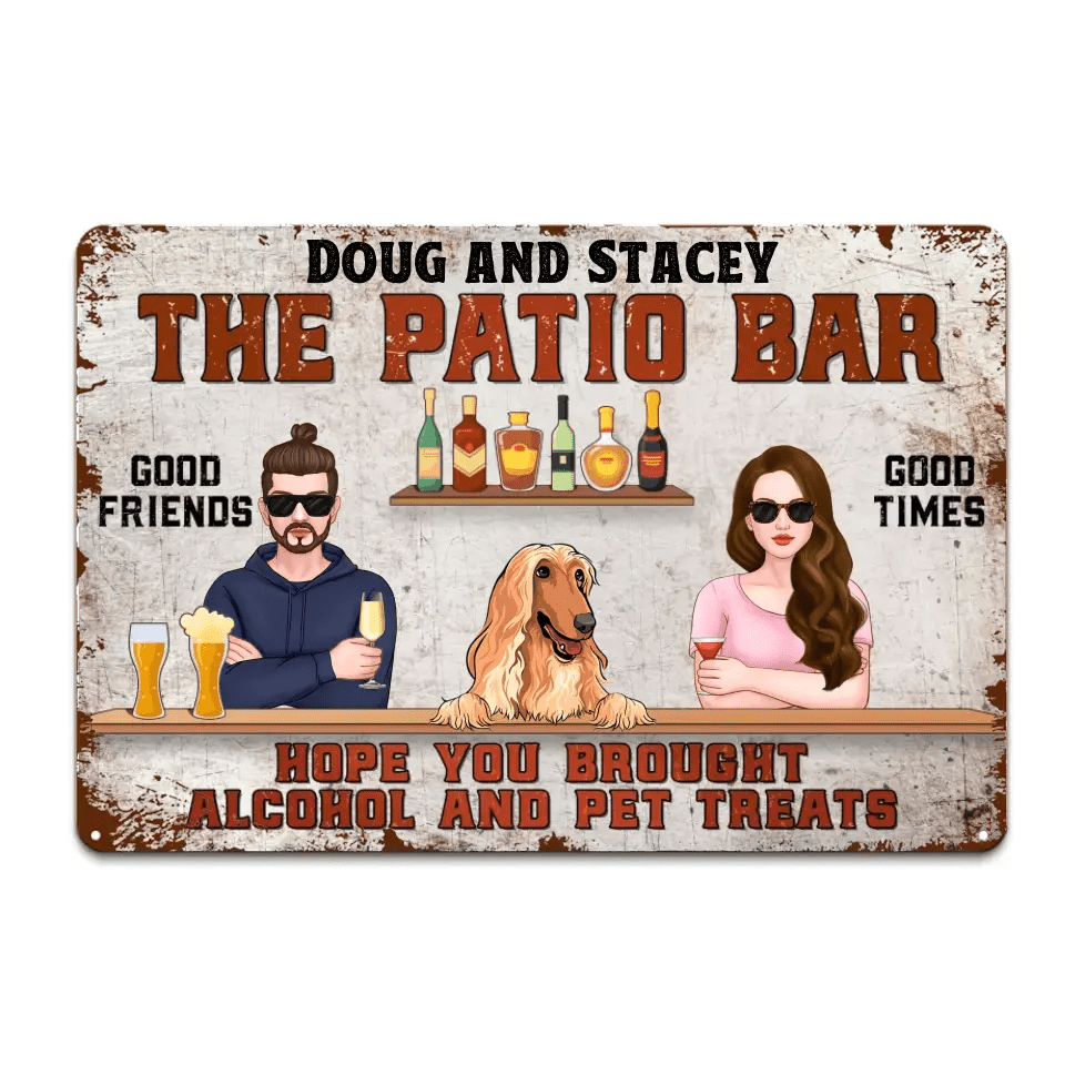 Custom metal sign with cartoon couple, Afghan Hound, drinks, and "The Patio Bar" text.
