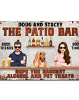 Custom metal sign with cartoon couple, Afghan Hound, drinks, and "The Patio Bar" text.