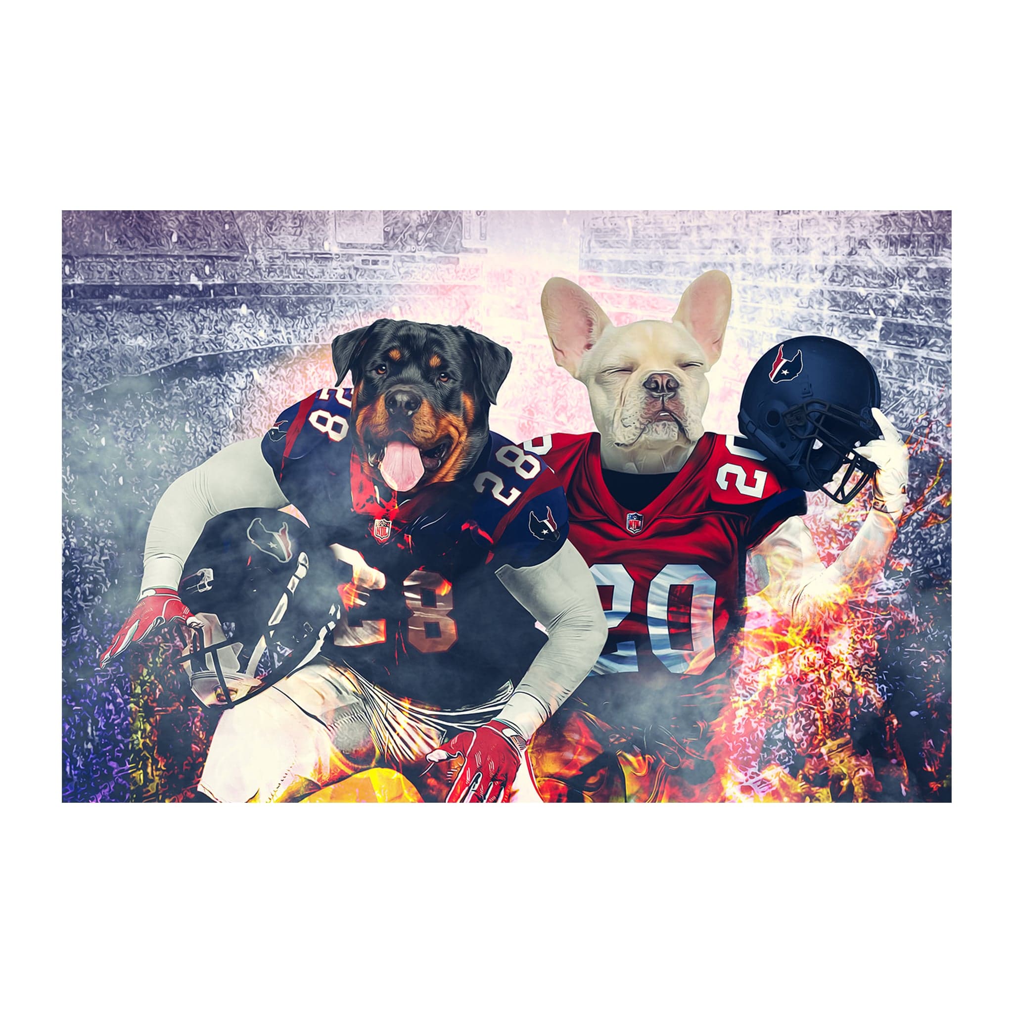 Custom digital portrait of two pets, a Rottweiler and a French Bulldog, in Houston Texans football uniforms.