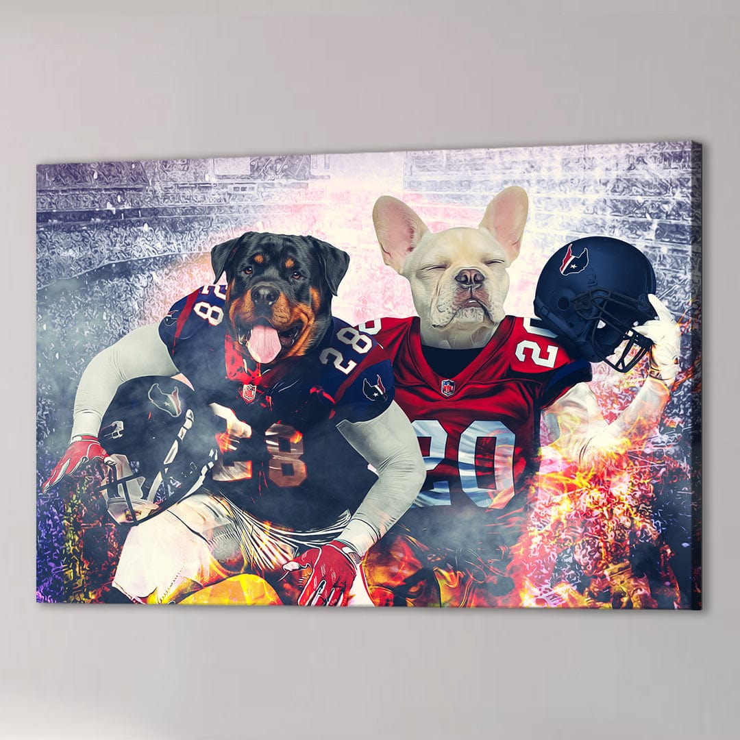 Personalized canvas with a Rottweiler and French Bulldog in Houston Doggos football uniforms.