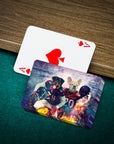 Personalized playing cards featuring custom dog portraits in football uniforms, on a green felt table.