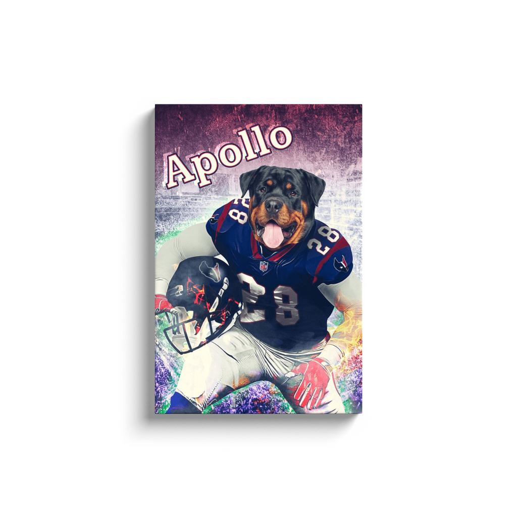 Personalized 'Houston Doggos' canvas featuring a Rottweiler in a blue football uniform, holding a helmet.