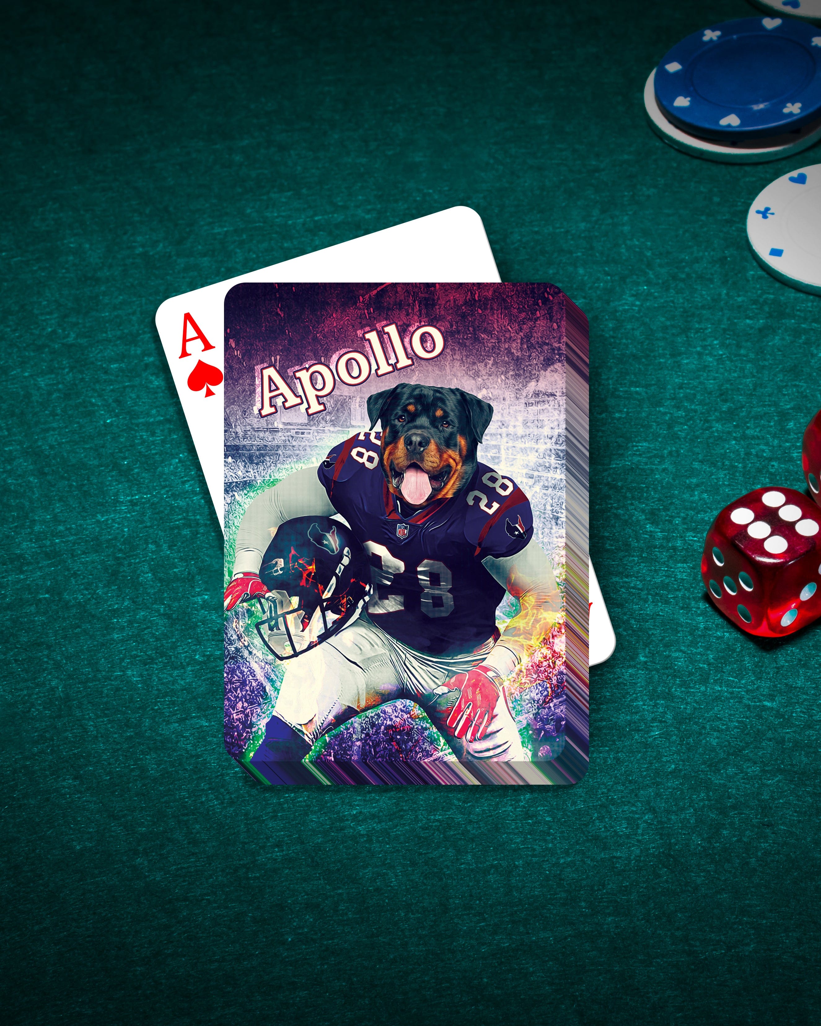 Personalized playing card featuring a Rottweiler pet portrait in a football uniform, "Apollo" text.