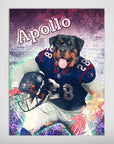 Personalized 'Houston Doggos' poster featuring a Rottweiler in a blue football uniform, holding a helmet, with "Apollo" above.