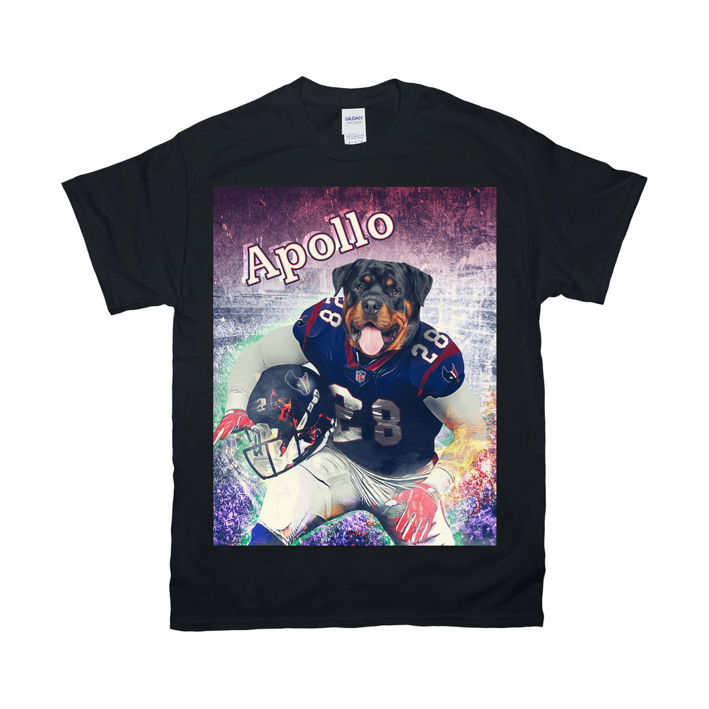 Black Gildan t-shirt featuring a personalized graphic of a Rottweiler in a Houston Texans football uniform.