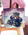 Personalized tote bag with a custom pet portrait of a Rottweiler in a football uniform, named "Apollo".