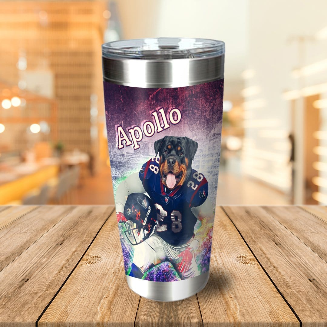 Personalized stainless steel tumbler with a custom dog portrait in a football uniform, named "Apollo.