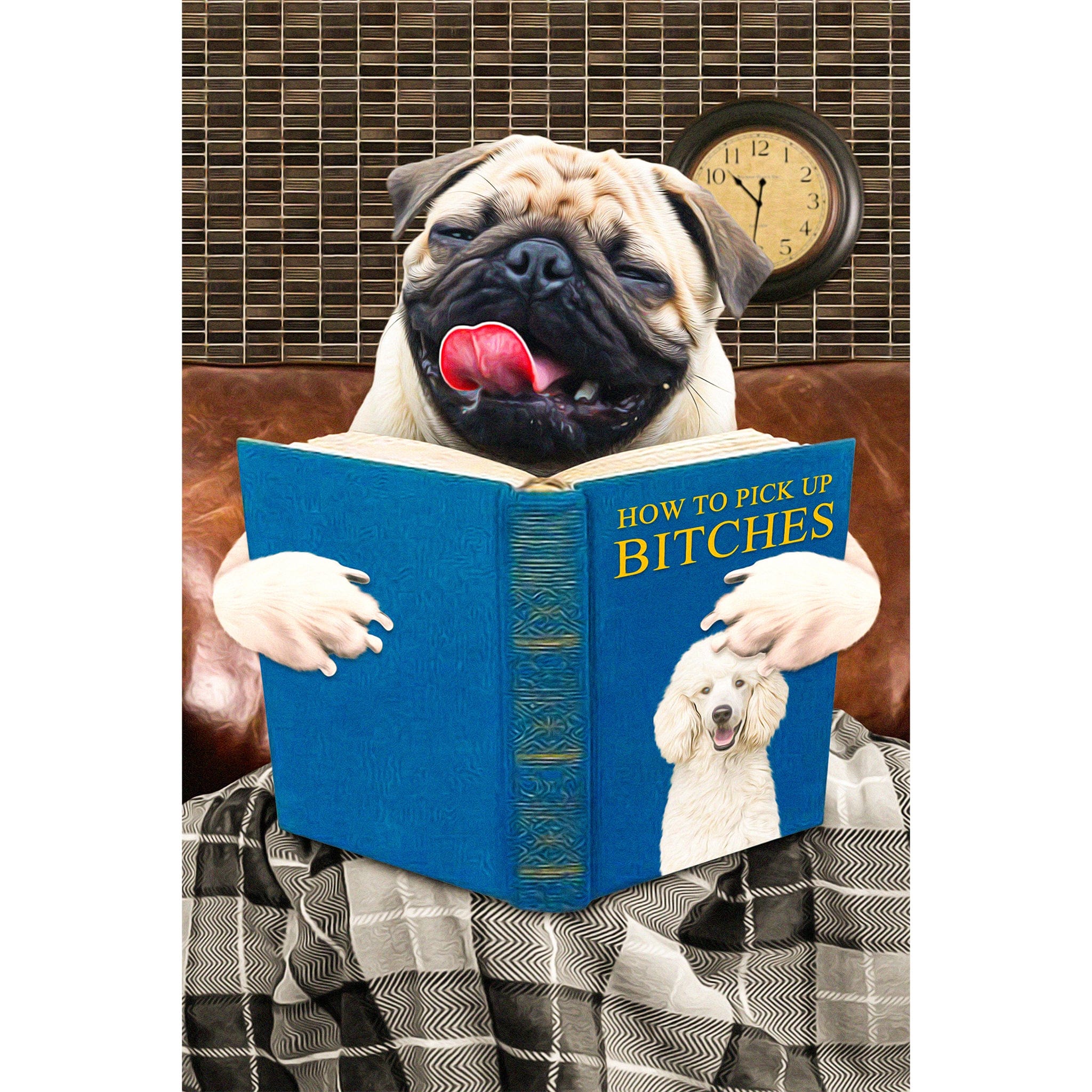 Personalized digital portrait of a pug dog reading a book titled "How to Pick Up Bitches.