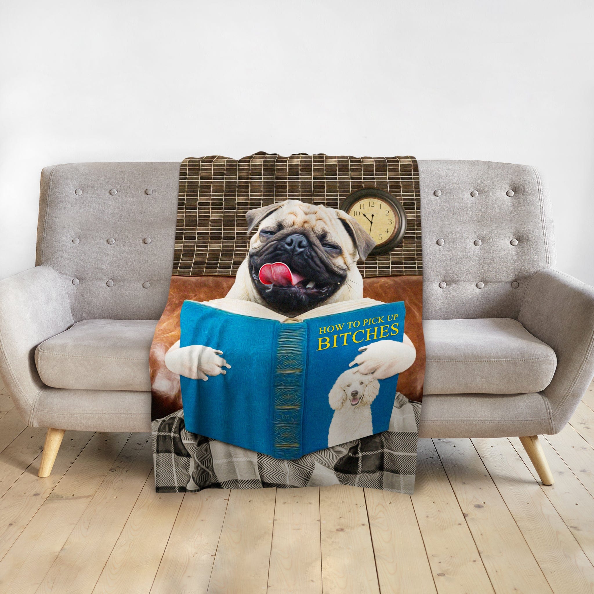 Custom personalized pet blanket featuring a pug portrait reading "How to Pick Up Bitches" on a sofa.