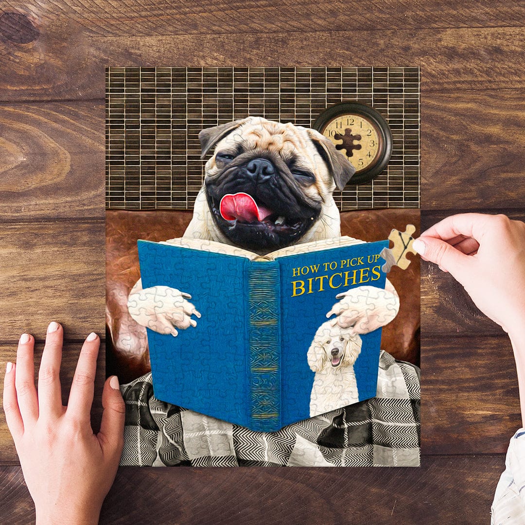 Personalized pet puzzle featuring a pug reading "How to Pick Up Bitches" with a poodle, on a wooden table.