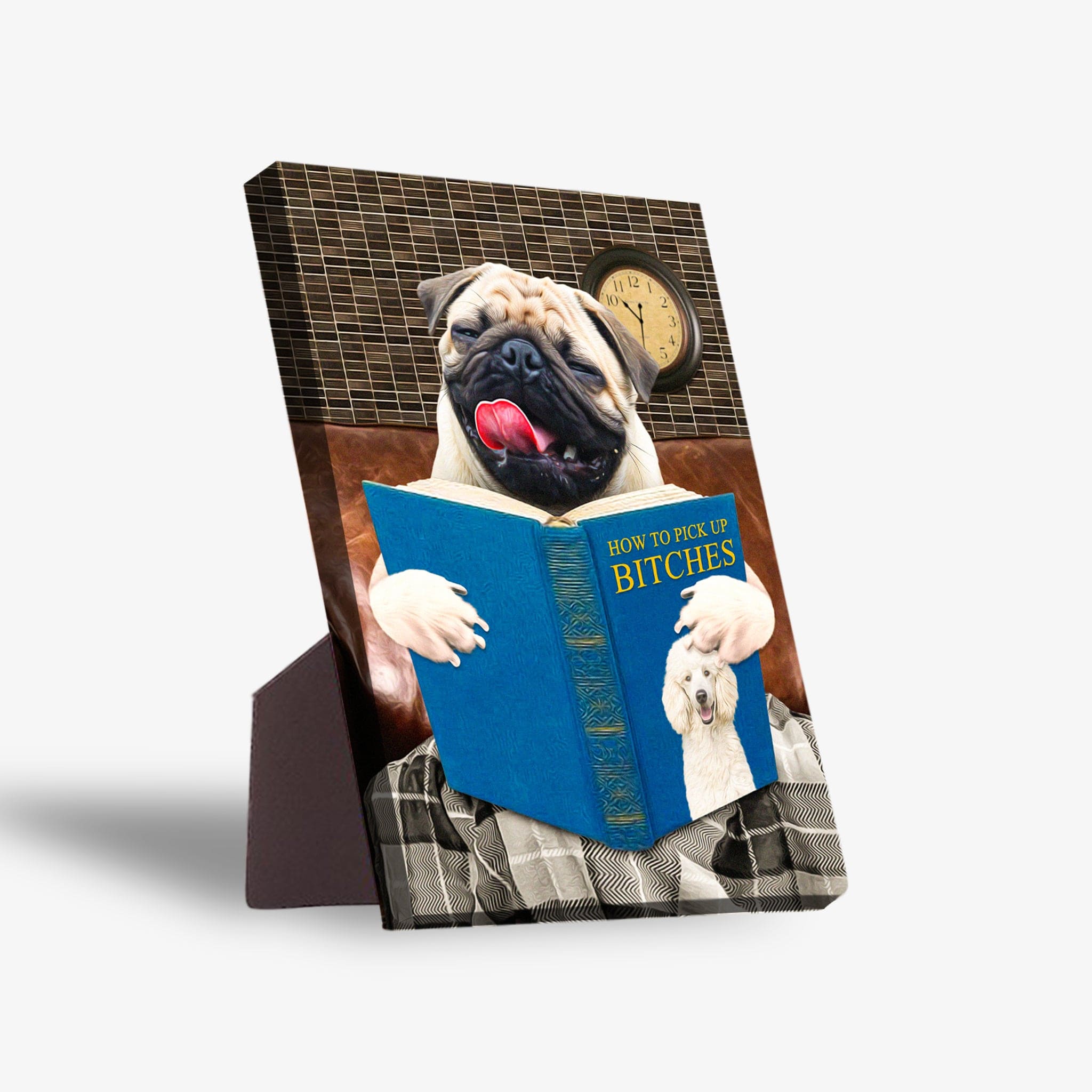 Personalized pet standing canvas featuring a pug reading a blue "How to Pick Up Bitches" book.