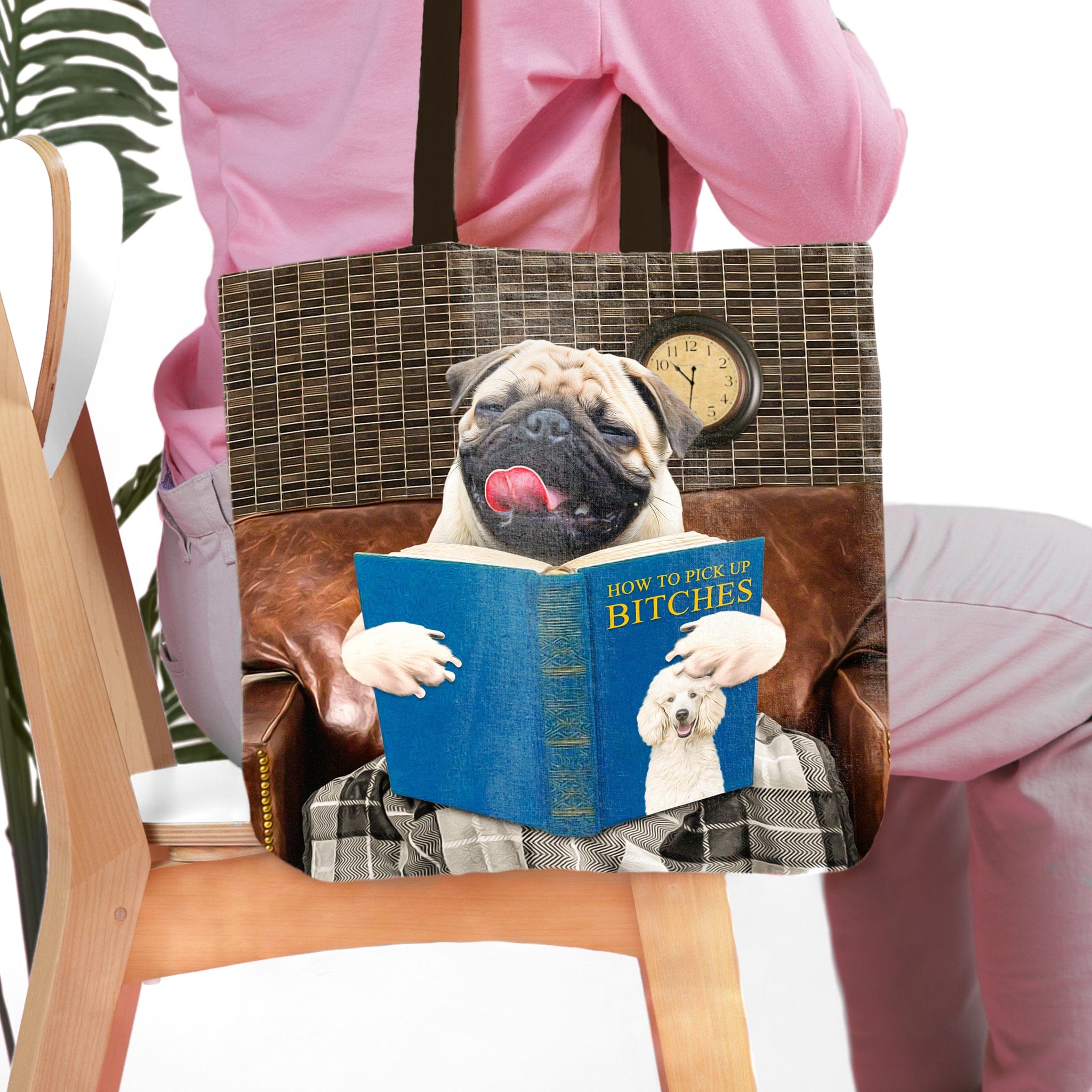 Personalized tote bag with a custom pet portrait of a pug reading "How to Pick Up Bitches.