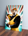 Personalized pet canvas featuring a golden retriever as "Hulk Dogan" in a yellow and black wrestling outfit.