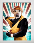 Personalized pet poster featuring a golden retriever's head on a "Hulk Dogan" wrestler body, with a retro striped background.