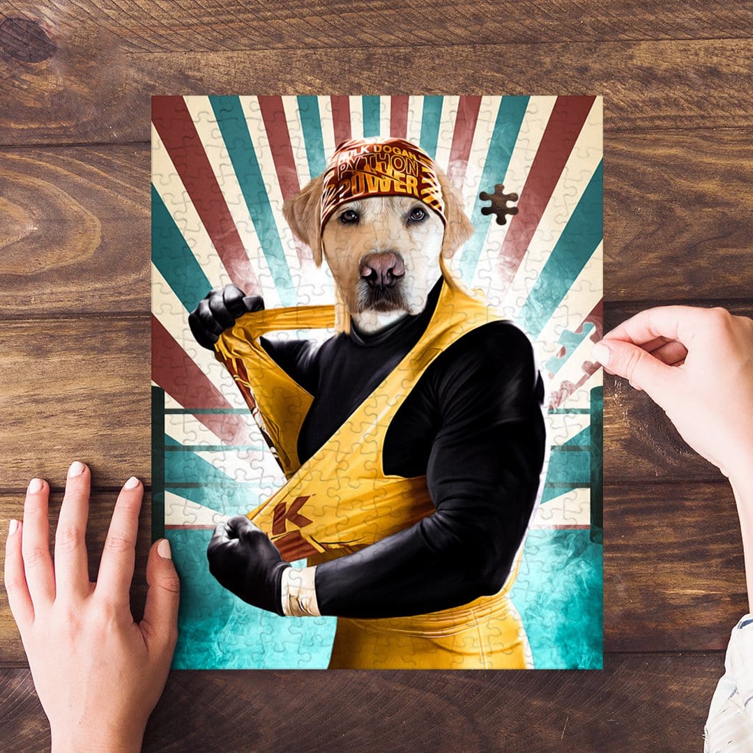 Personalized Hulk Dogan pet puzzle featuring a dog in a wrestler costume.