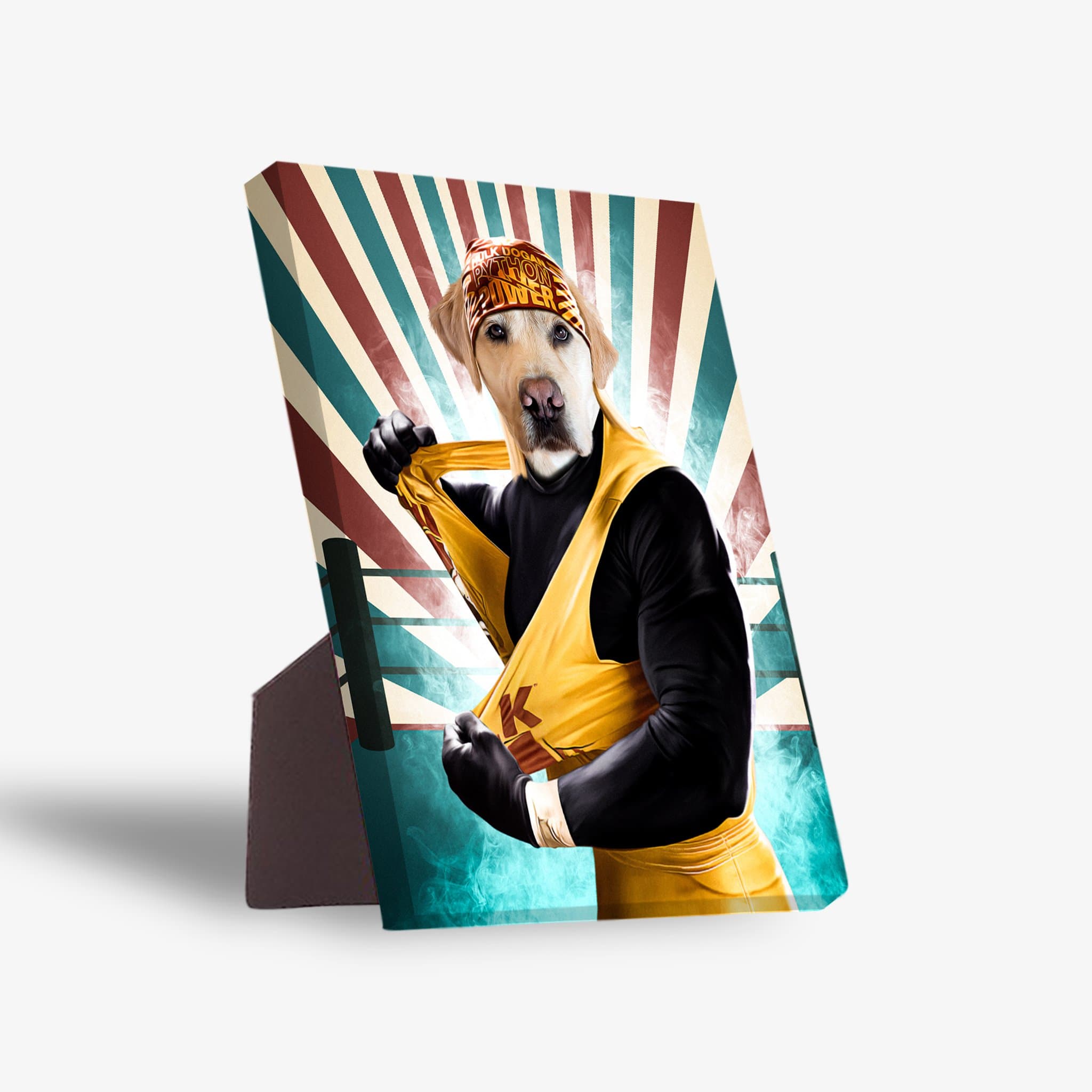 Personalized pet standing canvas featuring a yellow lab in a yellow and black wrestling outfit with a bandana, against a retro sunburst background.