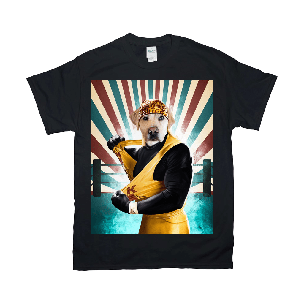 Black Gildan t-shirt featuring a personalized pet portrait of a dog as a wrestler, wearing a yellow outfit and bandana.